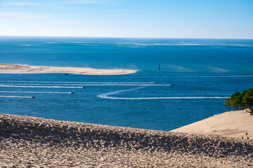 View from Dune of Pilat tallest sand dune in Europe located in La Teste-de-Buch in Arcachon Bay...