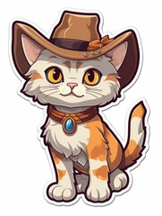 Cartoon sticker sweet kitten dressed as a cowboy, AI