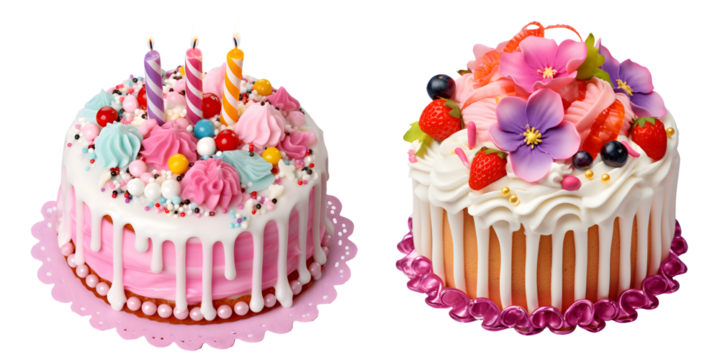 birthday cake set isolated on transparent background - food design element PNG cutout
