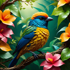 As you gaze up into the sky, your eyes are drawn to a truly captivating sight. A vibrant bird, with its brilliantly colored feathers, perches gracefully on a sturdy branch amidst a lush green canopy. 