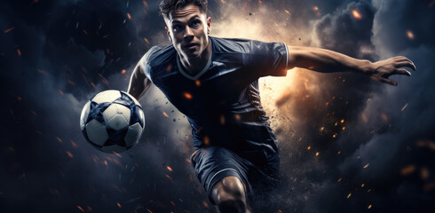 a soccer football player flying through the air with the ball - obrazy, fototapety, plakaty