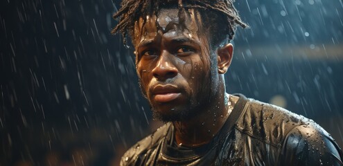 a soccer player kicking a ball on a rainy night - obrazy, fototapety, plakaty