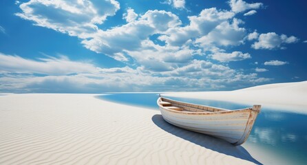 a wooden boat sits in the water near white sands