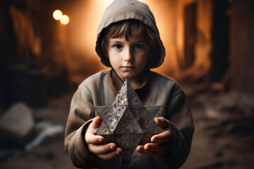 A boy holding an old and rusty star of David in their hands on ruins background.