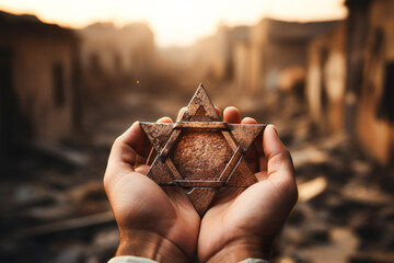 A man holding an old and rusty star of David in their hands on ruins background.