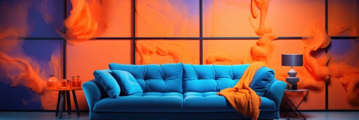 blue and orange sofa in the living room