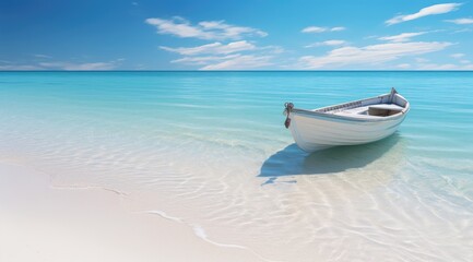 Obraz premium boat at the beach with oblivion blue wave