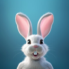 Obraz premium Cheerful smiling white bunny with big ears on blue background