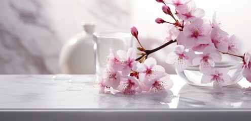 cherry blossoms blooming on a white table with a vase of water