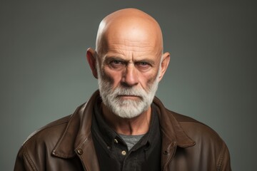 Portrait of an old man with a gray beard in a leather jacket