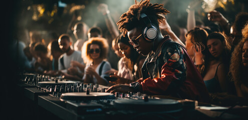 djs at concerts with a crowd at the festival - obrazy, fototapety, plakaty