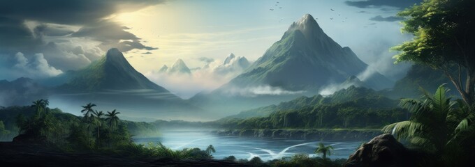 fog, palm trees, mountains and clouds