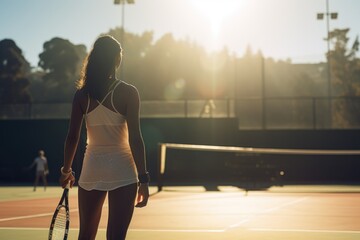 Asian woman stands poised with her racket, ready to face her opponent in a serene yet focused match