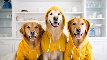 Three golden retriever dogs wearing yellow hoodies on modern home kitchen background, funny animal...