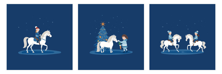 Set of postcards, winter holidays, children riding ponies