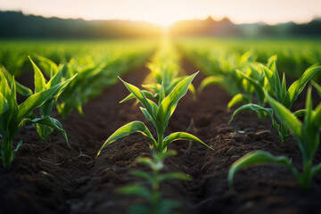 Rows of young corn plants growing on the field. Generative AI - Powered by Adobe