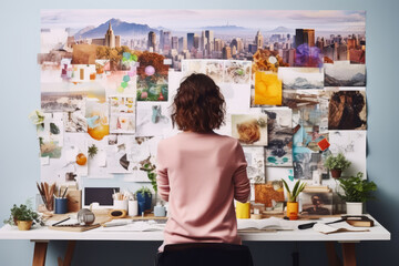 Back view of woman creating vision boards with goals and aspirations. Generative AI