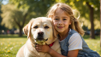 portrait of a joy little girl hugging a Labrador dog on the lawn, sun