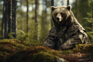 A bear in a hunting camouflage suit sits in the forest