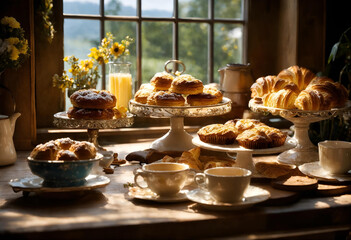 A display of fresh baked goods is presented, each with a sprinkle of sugar, in the morning sunlight.
