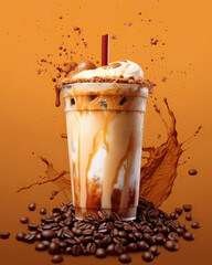 Iced coffee with milk splashes and coffee beans on orange background