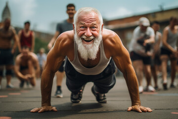 An elderly man doing push-up exercise for better quality of life - obrazy, fototapety, plakaty