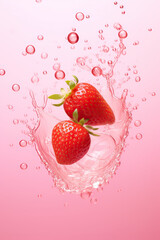 Strawberries in water splash on pink background