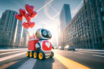 Fototapeta premium delivery robot courier drives along a city street and carries gifts for Valentine's Day or Birthday and heart-shaped balloons.