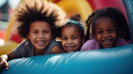 group of african american curly cute smiling children on inflatable bright colored playground on inflatable trampoline AI - obrazy, fototapety, plakaty