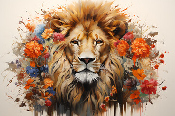Majestic Lion Amidst Blooming Flowers