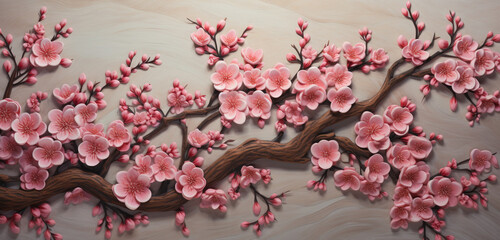 An intricate 3D wall texture mimicking a detailed, traditional Japanese cherry blossom painting. 8k,