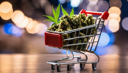 Marijuana buds in a supermarket cart - quirky, conceptual shopping image - obrazy, fototapety, plakaty