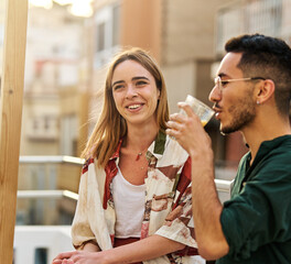 woman man rooftop friend youth young party friendship talking fun happy outdoor group drink lifestyle summer together terrace leisure