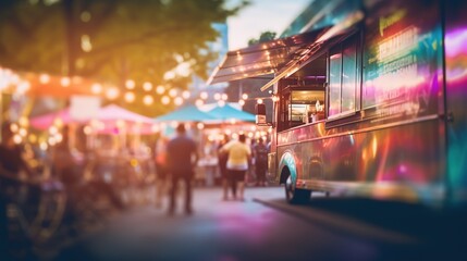 Generative AI, Food truck street festival, blurred lights background, atmospheric bokeh, muted colors - obrazy, fototapety, plakaty