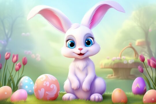 Cute cartoon Easter bunny in soft colors. Background with selective focus and copy space