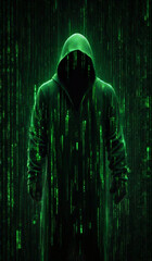 hacker in a hood on the background of a computer artificial intelligence matrix