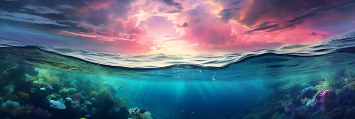 Long banner with underwater world and vivid sunset sky. Transparent deep water of the ocean or sea with rocks, fish and plants. - obrazy, fototapety, plakaty