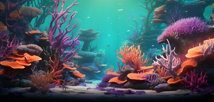 An intricate 3D wall texture resembling a detailed, underwater coral reef scene in vibrant colors. 8k,