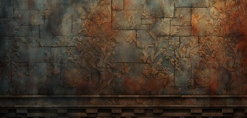An intricate 3D wall texture resembling a detailed, old-world tapestry pattern in rich colors. 8k,