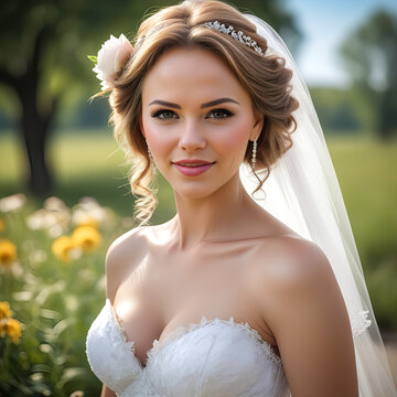 Mujer reci&eacute;n casada con vestido de boda velo y una flor en el pelo en un campo con &aacute;rboles y flores 