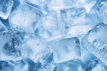 Close-up of translucent ice cubes on blue background