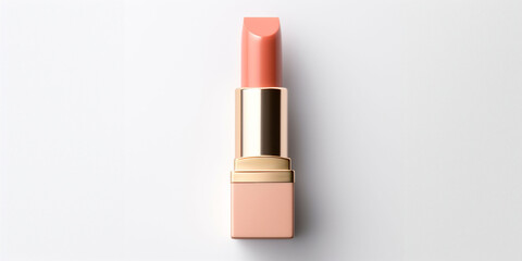 An peach fuzz color lipstick in a beige case on a white background. Make up a product show off. Copy space.