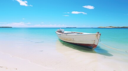 Fototapeta na wymiar sea boat at a beach with blue sky moving across it