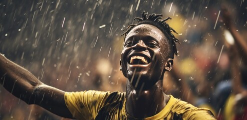 soccer player in the rain kicking a ball in front of the crowd
