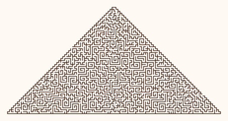 Pyramid (Triangle) shaped labyrinth (maze) design. Vector graphic illustration of maze (labyrinth) game with difficult exit. - obrazy, fototapety, plakaty