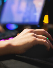 Cyber sport e-sports tournament, team of professional gamers, hands on a mouse and keyboard, players playing online championship in competitive moba, strategy fps game in a cyber games arena club