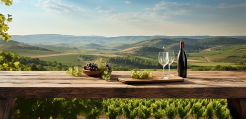 table with wine and fruit on the ground overlooking a vineyard