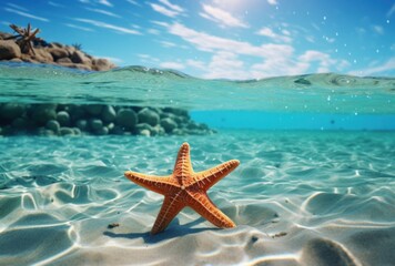 Fototapeta na wymiar starfish in the ocean surface with water rushing over sand