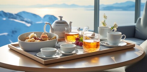 Fototapeta premium tea and dessert for breakfast on a tray on an icefree hotel