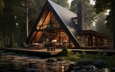 Fototapeta premium the home is sitting in the woods with trees around